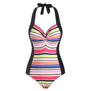 

Ruched Halter Rainbow Backless One-piece Swimsuit, Multi