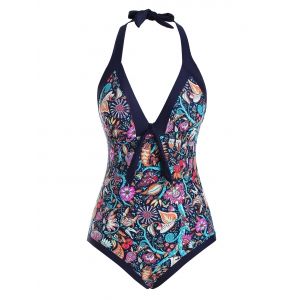 

Bohemian Printed Halter Knotted One-piece Swimsuit, Multi