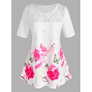 

Plus Size Floral Butterfly Print Lace Insert Tee, White