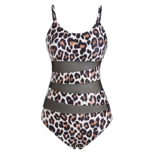 

Leopard Print Mesh Panel Cami One-piece Swimsuit, Black