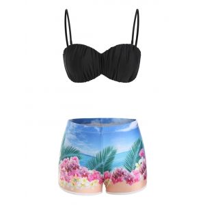 

Ruched Flower Leaf Print Boyshorts Bikini Swimwear, Black
