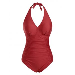 

Backless Halter Ruched Tummy Control One-piece Swimsuit, Red