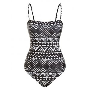 

Ethnic Zig Zag Geo Print Cami One-piece Swimsuit, Black