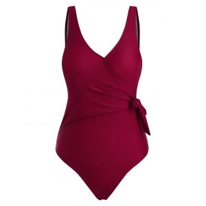 

Tie Side Solid Surplice One-piece Swimsuit, Deep red