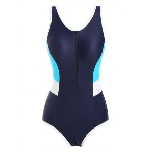 

Colorblock Zip Front Contrast Piping One-piece Swimsuit, Deep blue