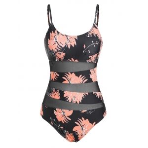 

Mesh Insert Leaf Print Cami One-piece Swimsuit, Light pink