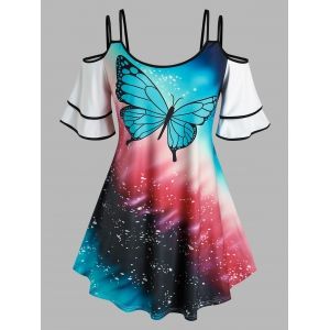 

Plus Size Butterfly Print Cold Shoulder Tee, Multi