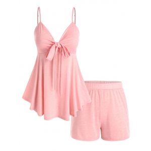 

Plus Size Front Knot Top and Shorts Pajamas Set, Light pink