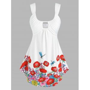 

Plus Size Cutout Floral Print Ruched Tank Top, White