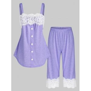 

Flower Lace Insert Mock Button Heathered Pajama Set, Purple