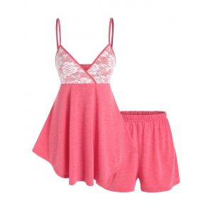 

Low Cut Lace Panel Shorts Lounge Set, Light pink