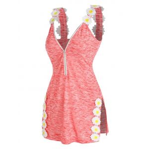 

Half Zip Flower Embellished Side Slit Heathered Tank Top, Light pink