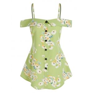 

Buttons Floral Printed Cold Shoulder Blouse, Light green