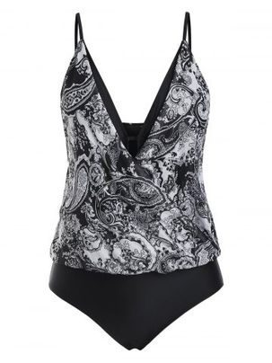 Paisley Printed Surplice Mesh Panel One-piece Swimsuit