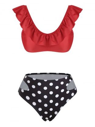 Polka Dot Flounces Cut Out Bikini Swimwear