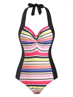 Ruched Halter Rainbow Backless One-piece Swimsuit - MULTI - S