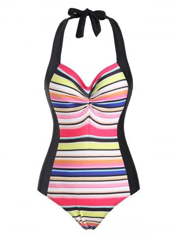 Ruched Halter Rainbow Backless One-piece Swimsuit - MULTI - L