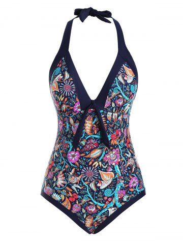 Bohemian Printed Halter Knotted One-piece Swimsuit - MULTI - M