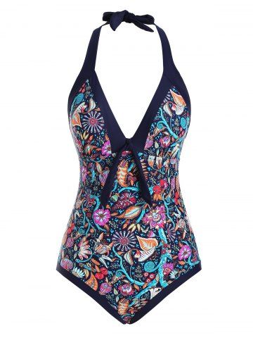 Bohemian Printed Halter Knotted One-piece Swimsuit - MULTI - L