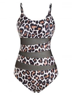 Leopard Print Mesh Panel Cami One-piece Swimsuit - BLACK - S
