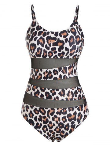Leopard Print Mesh Panel Cami One-piece Swimsuit - BLACK - M