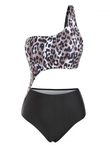 One Shoulder Leopard Cutout One-piece Swimsuit - BLACK - S