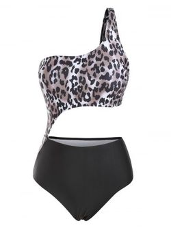 One Shoulder Leopard Cutout One-piece Swimsuit - BLACK - S