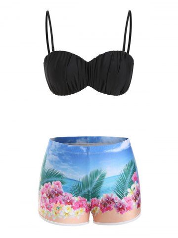 Ruched Flower Leaf Print Boyshorts Bikini Swimwear - BLACK - M