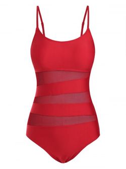 Cami Mesh Panel Solid One-piece Swimsuit - RED - S