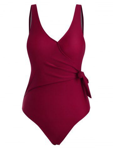 Tie Side Solid Surplice One-piece Swimsuit - DEEP RED - XL
