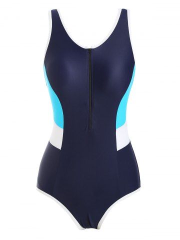 Colorblock Zip Front Contrast Piping One-piece Swimsuit - DEEP BLUE - M