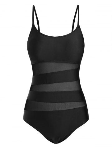 Cami Mesh Panel Solid One-piece Swimsuit - BLACK - S