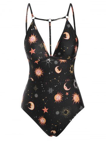 Sun star and Moon O-ring Strappy One-piece Swimsuit - BLACK - S