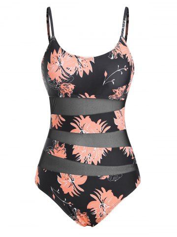 Mesh Insert Leaf Print Cami One-piece Swimsuit - LIGHT PINK - S