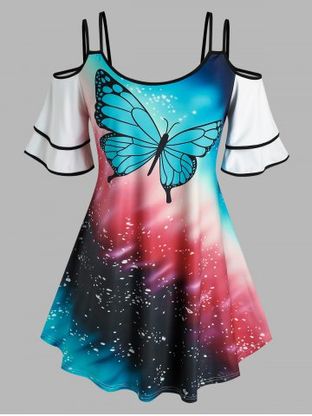 Plus Size Butterfly Print Cold Shoulder Tee