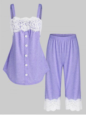 Flower Lace Insert Mock Button Heathered Pajama Set - PURPLE - M