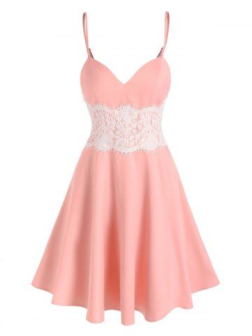 Mini vestido de trapecio de inserción de encaje - LIGHT PINK - M