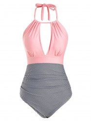Stripes Panel Ruched Keyhole Cutout One-piece Swimsuit -  