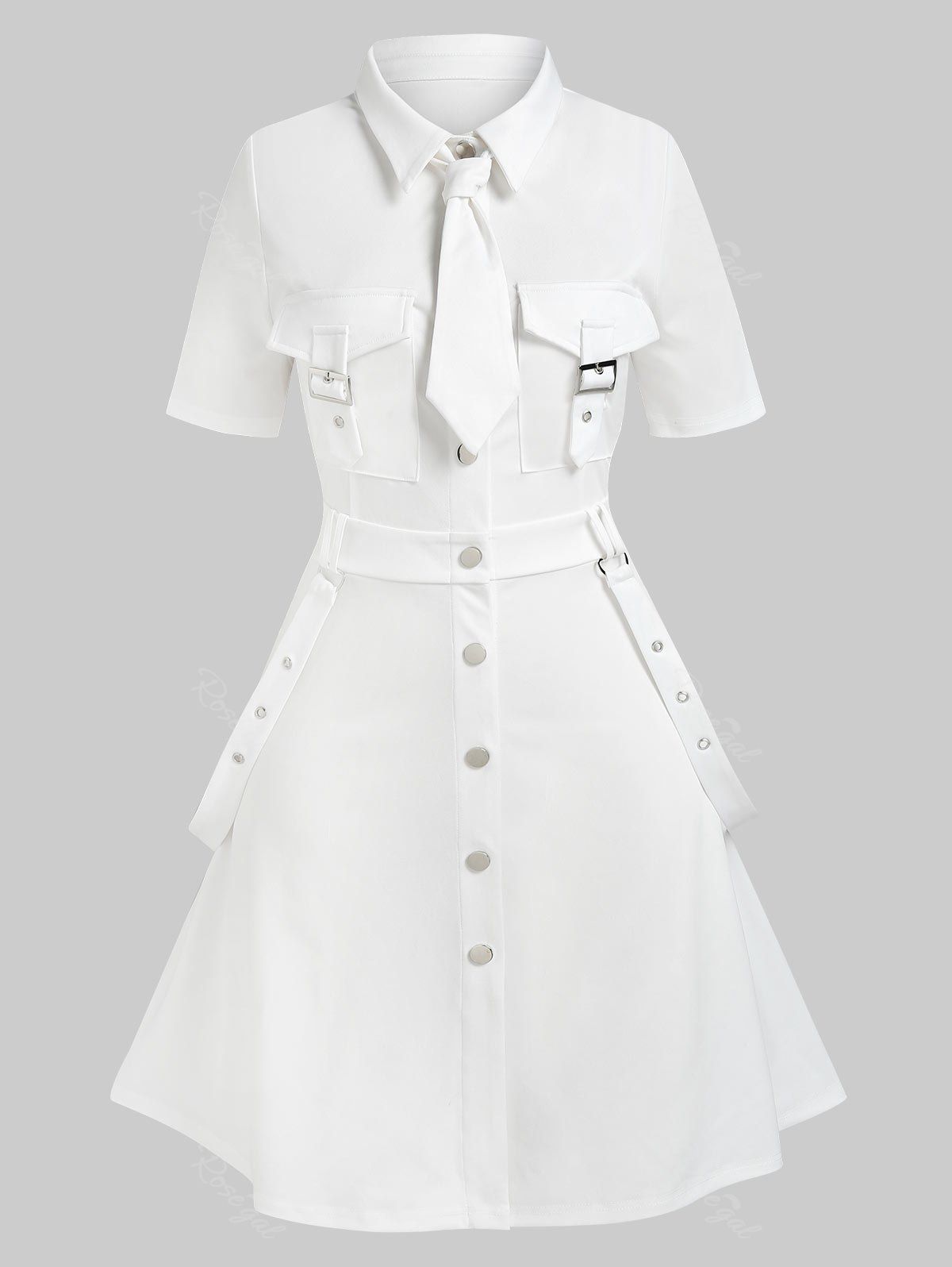 

Plus Size Buckles Eyelash Button Up Cargo Dress, White