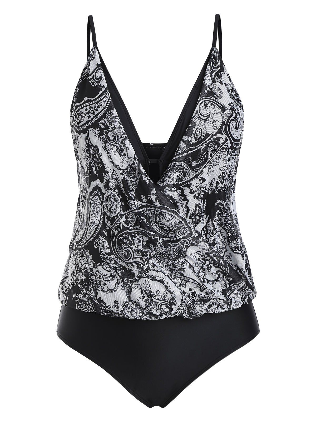 

Paisley Printed Surplice Mesh Panel One-piece Swimsuit, Black