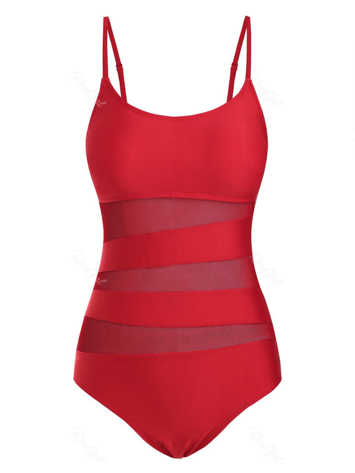 

Cami Mesh Panel Solid One-piece Swimsuit, Red