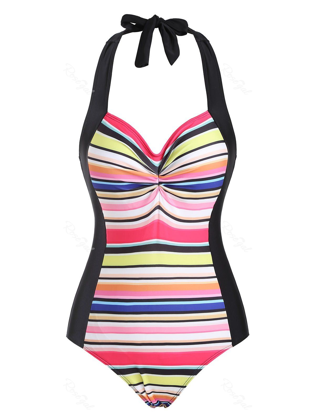 

Ruched Halter Rainbow Backless One-piece Swimsuit, Multi