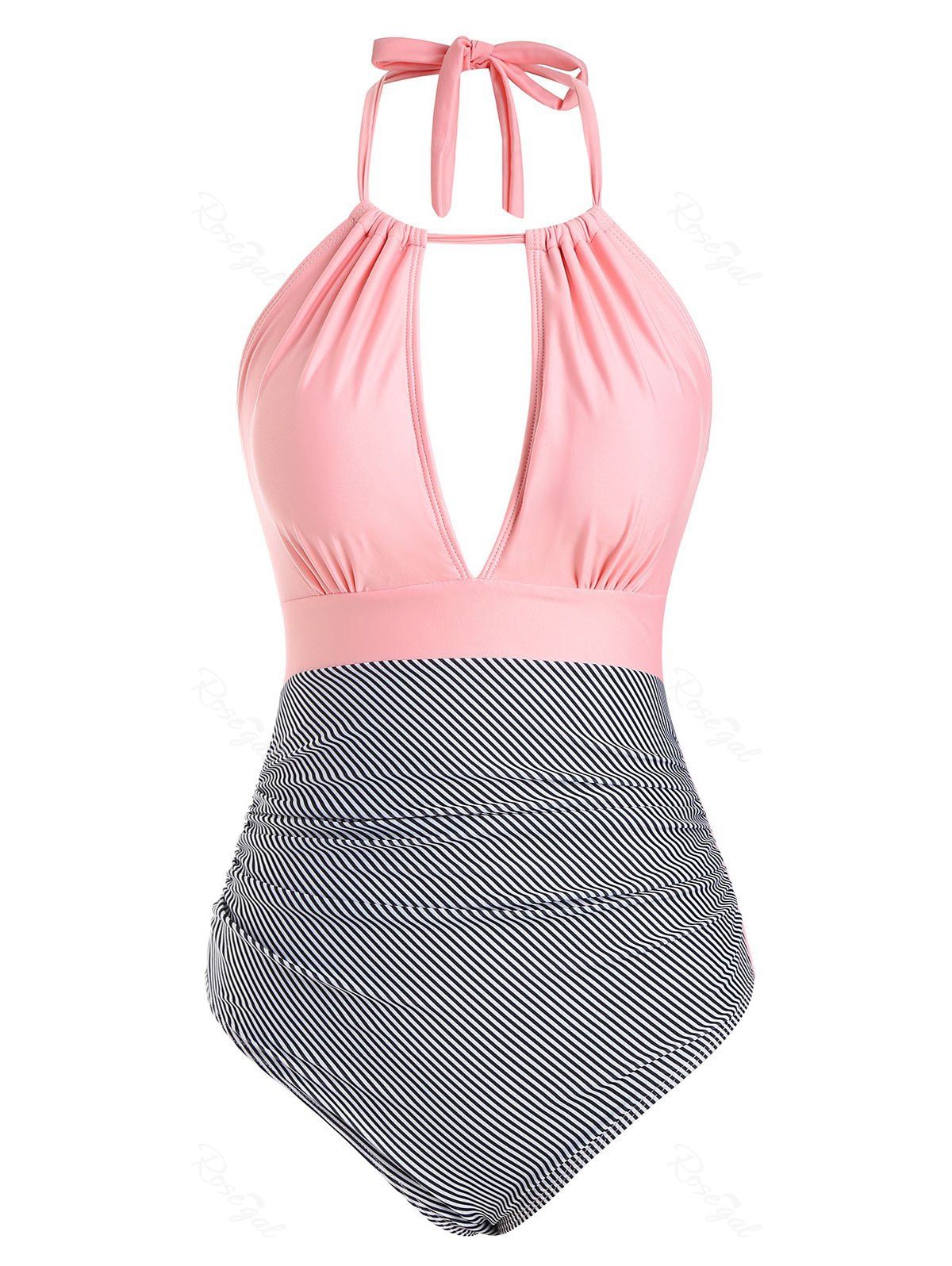 Sale Stripes Panel Ruched Keyhole Cutout One-piece Swimsuit  