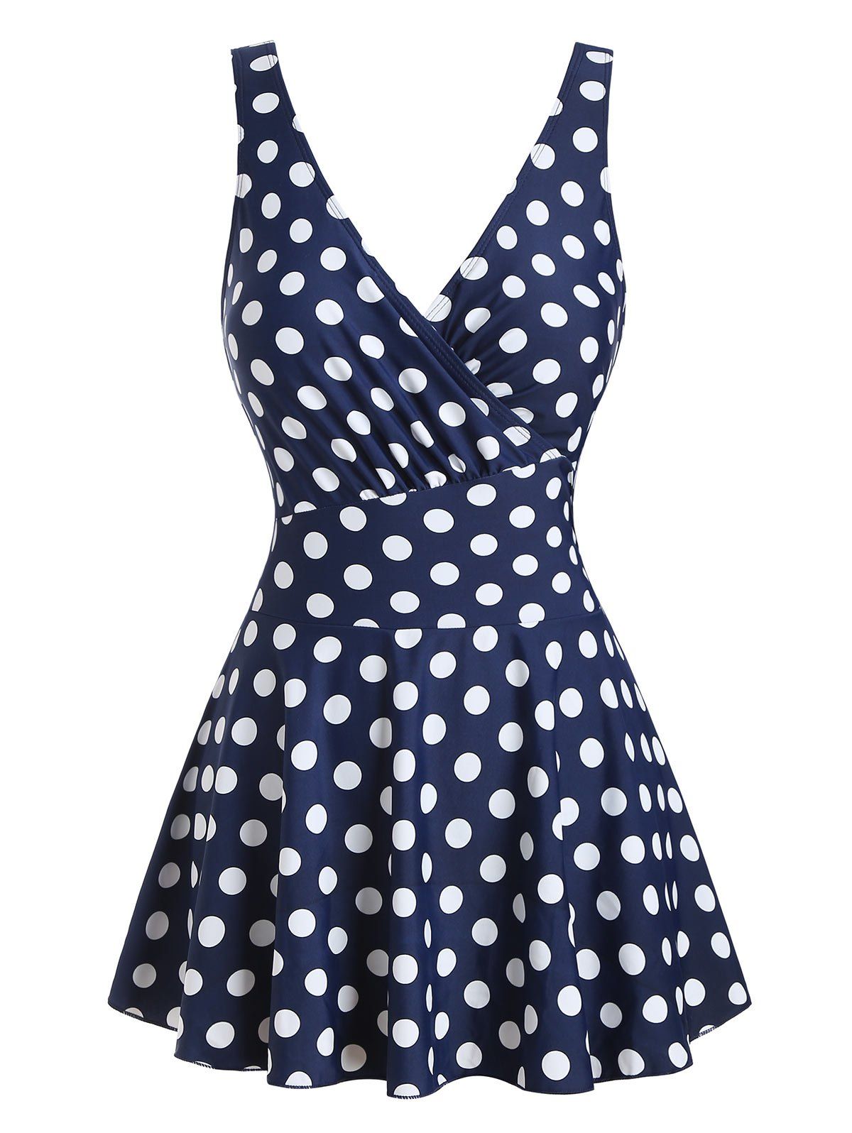 

Polka Dot Surplice Skirted One-piece Swimsuit, Deep blue
