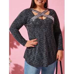 

Plus Size Sequined Criss Cross Space Dye Tunic Tee, Dark slate grey