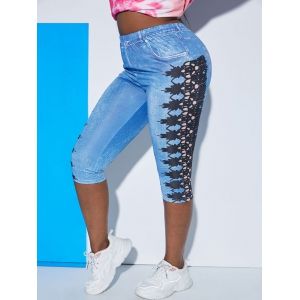 

Plus Size 3D Lace Printed Capri Jeggings, Blue