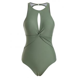 

Twisted Keyhole Open Back One-piece Swimsuit, Deep green