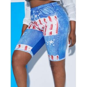 

Plus Size Distressed American Flag 3D Print Bike Shorts, Blue