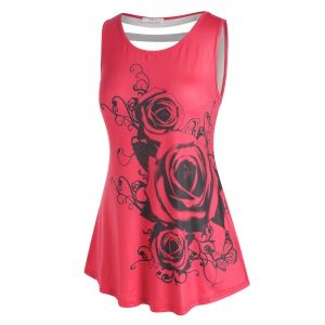 

Plus Size Ladder Cutout Rose Print Tank Top, Red