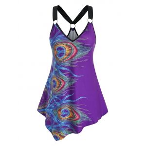 

Plus Size Peacock Feathers Print O Ring Tank Top, Purple